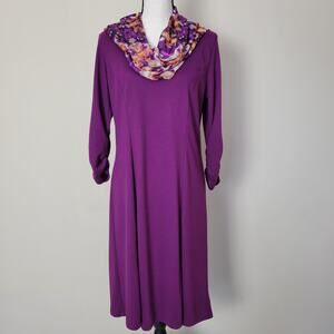 Susan Graver Size M Ponte Knit Swing Style Dress Ruched Sleeve Scarf